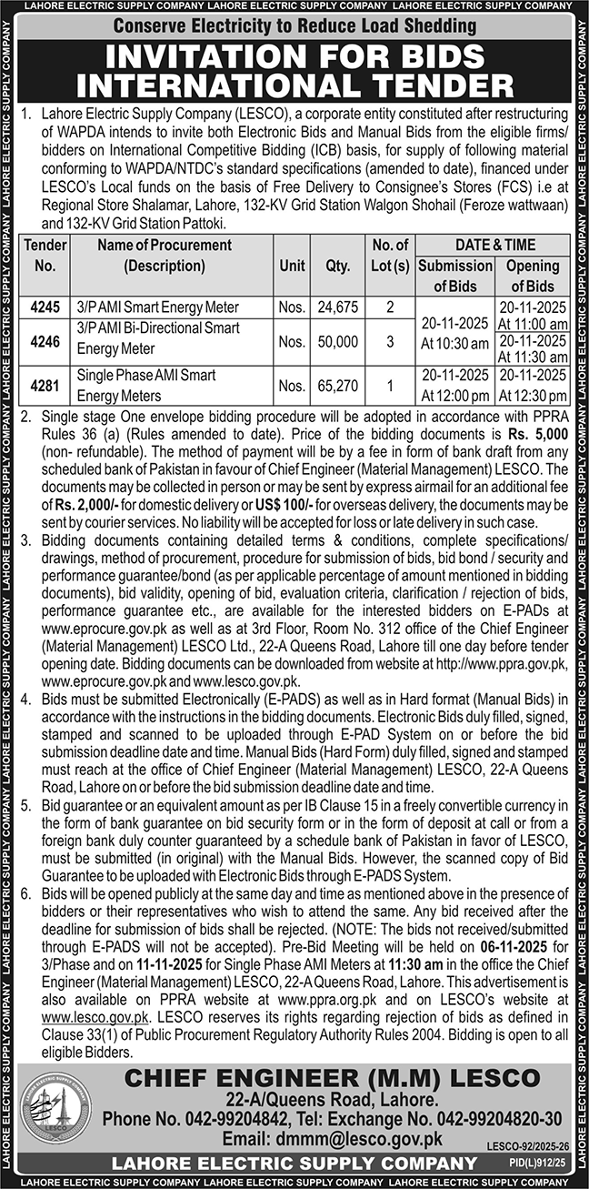 Lahore Electric Supply Company Tender Notice